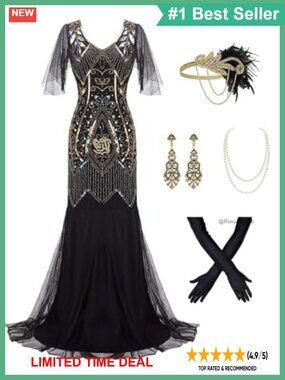 Plus Size 1920s Flapper Sequin Fringe Maxi Dress with Accessories